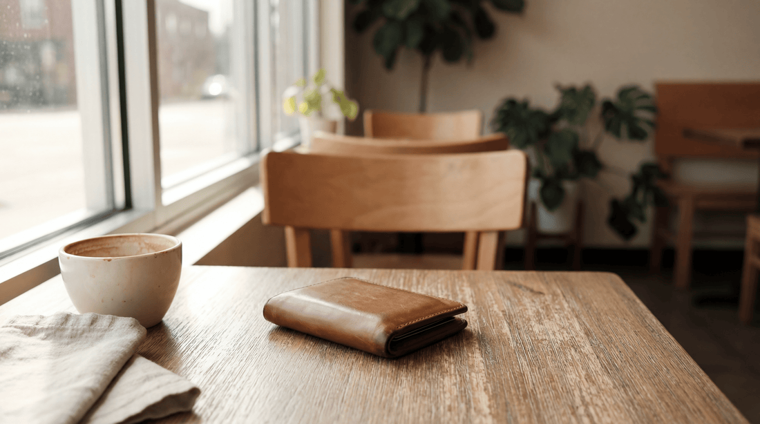 Wallet left behind in a public place, showing why a CarryPeace wallet tracker can help locate a lost wallet during airport travel.