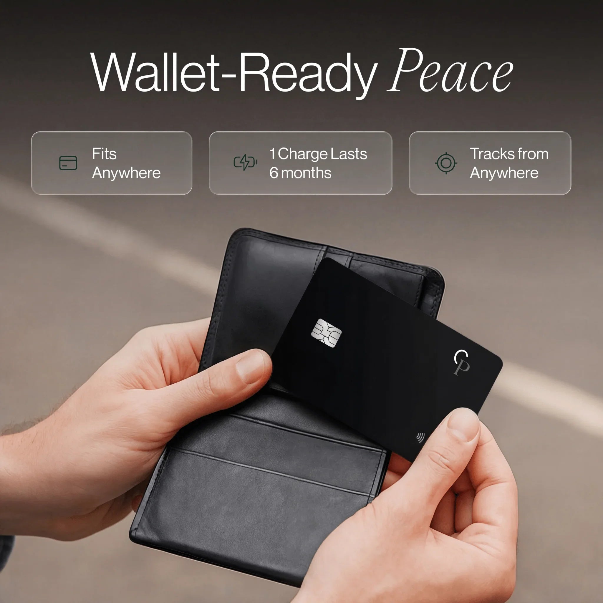 CarryPeace wallet tracker card being placed into a wallet, highlighting slim fit, six-month battery life, and Apple Find My tracking.