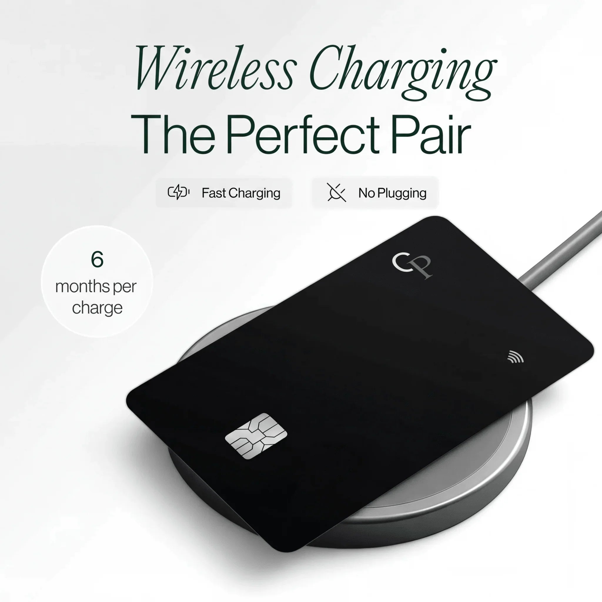 CarryPeace rechargeable wallet tracker card charging wirelessly, offering fast no-plug charging and up to six months of battery life per charge.