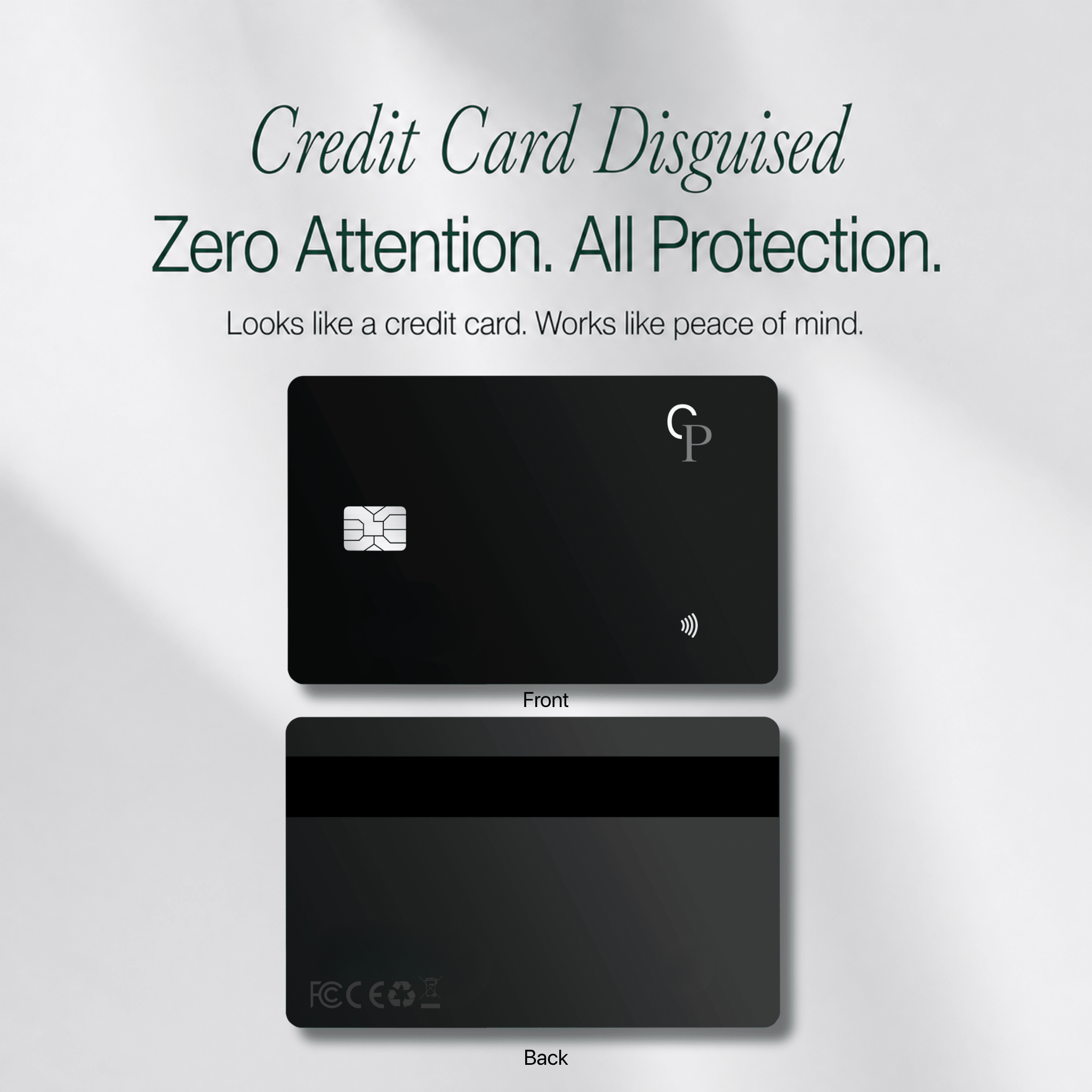 CarryPeace slim wallet tracker card designed to look like a credit card and protect wallets with Apple Find My tracking.