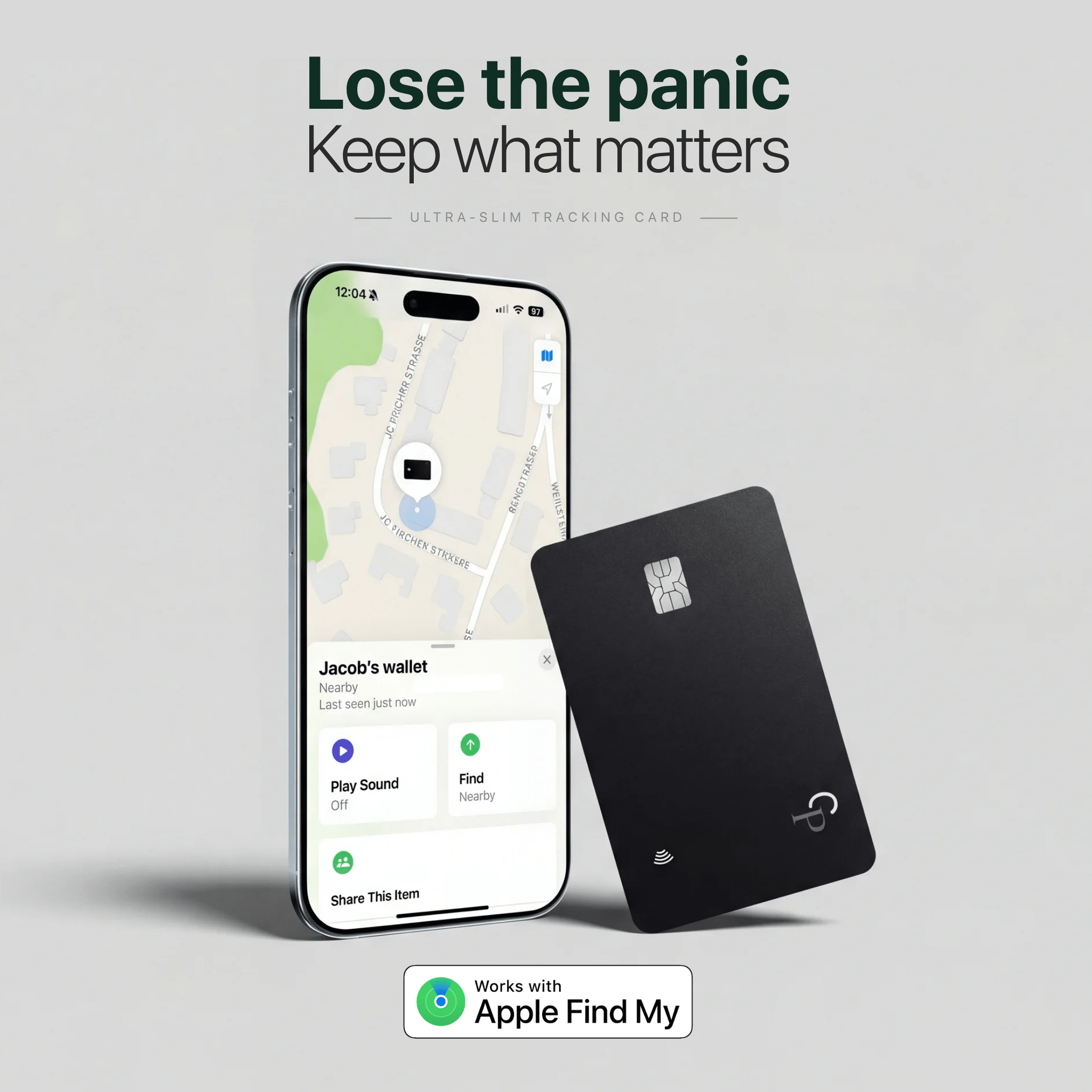 CarryPeace slim wallet tracker card works with Apple Find My to help locate a lost wallet, play a sound nearby, and reduce panic.