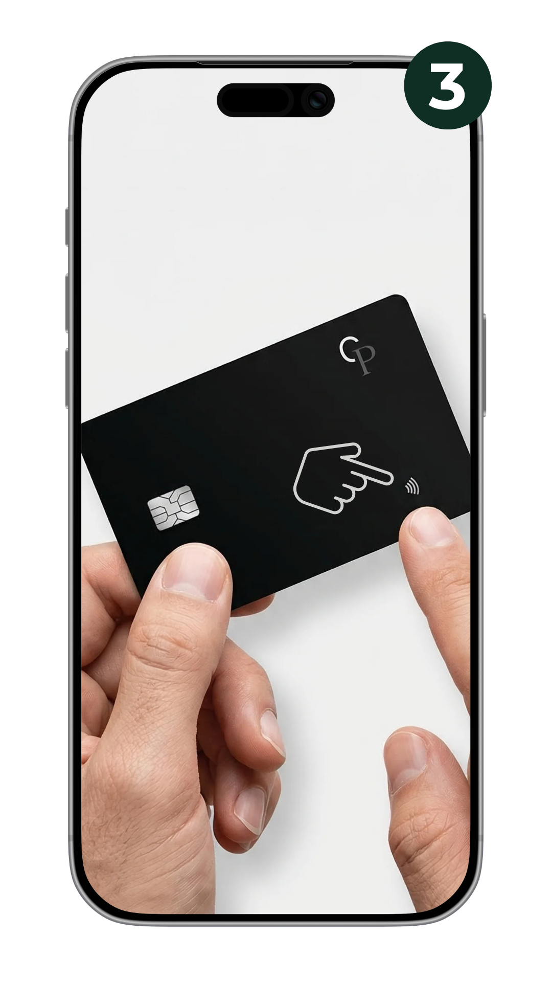 CarryPeace slim wallet tracker card being paired by tapping the contactless area during Apple Find My setup.
