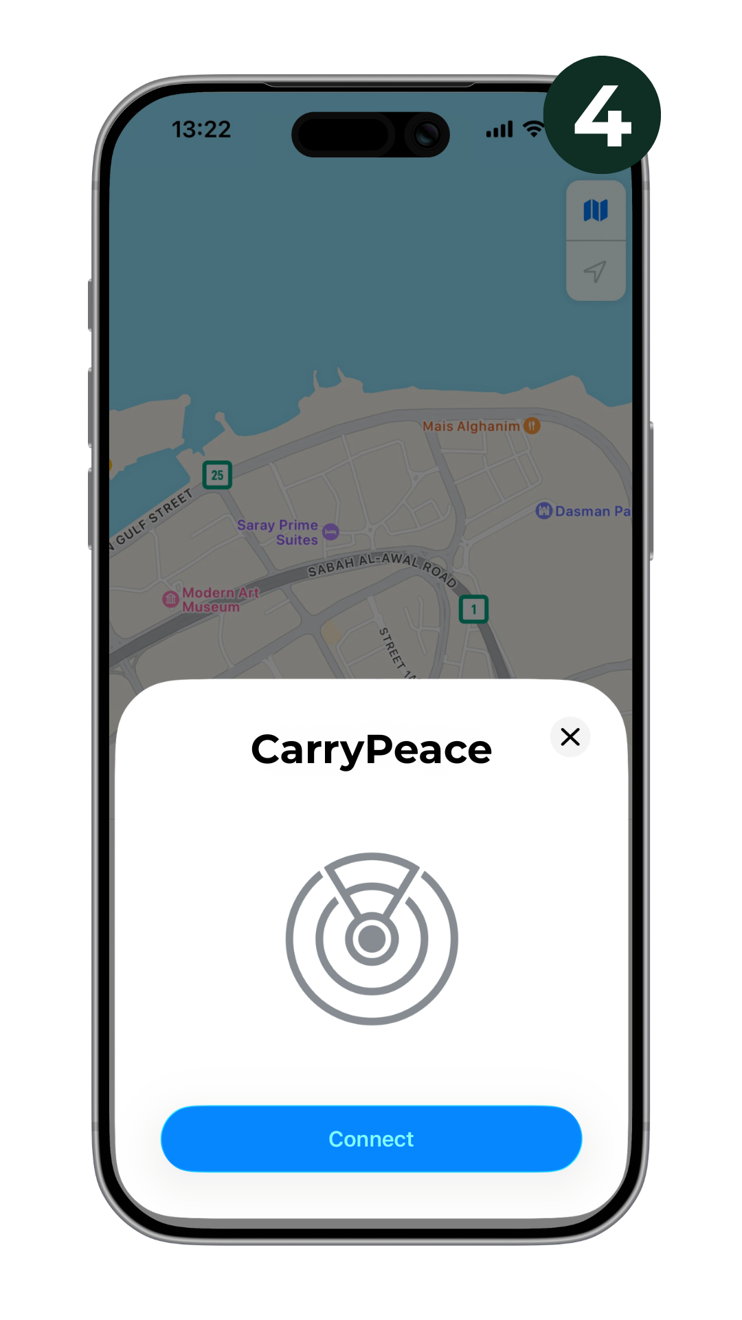 CarryPeace wallet tracker setup screen in Apple Find My showing the final connection step before adding the card to an iPhone.