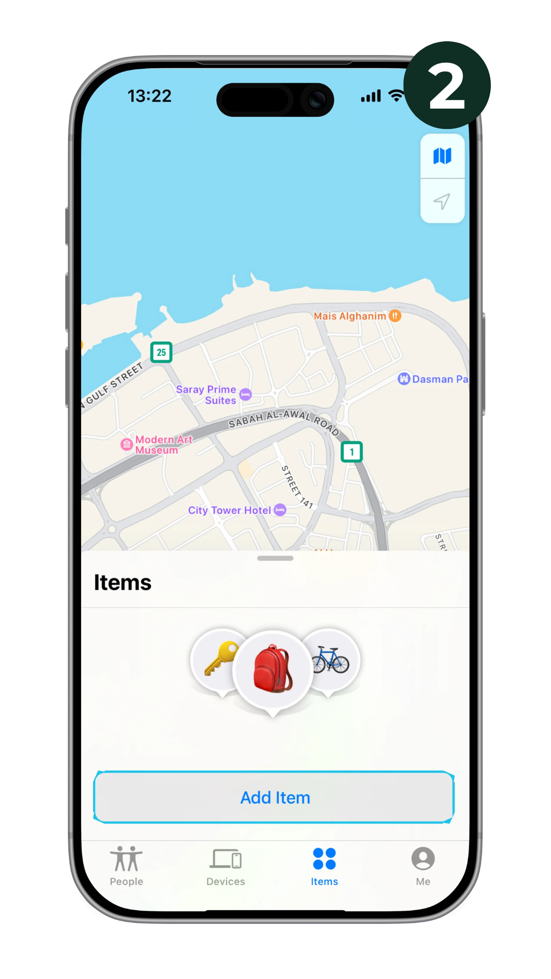 Apple Find My Items screen on iPhone showing the Add Item option used to connect a CarryPeace wallet tracker card.