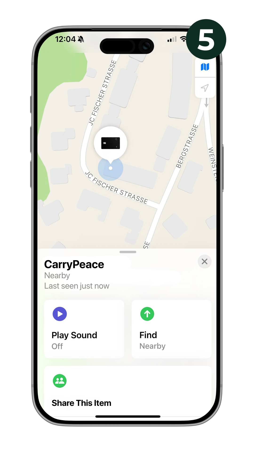 CarryPeace wallet tracker card displayed in Apple Find My, showing nearby location tracking, play sound, and find nearby features.