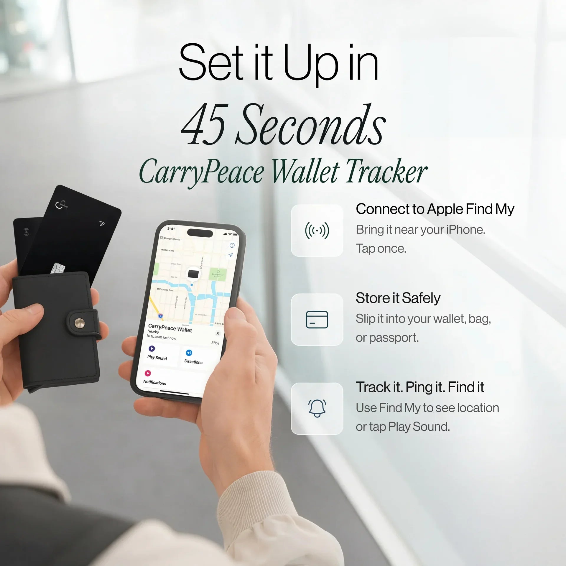 CarryPeace wallet tracker setup guide showing how to connect the slim tracking card to Apple Find My, store it in a wallet, and use Play Sound to find it.