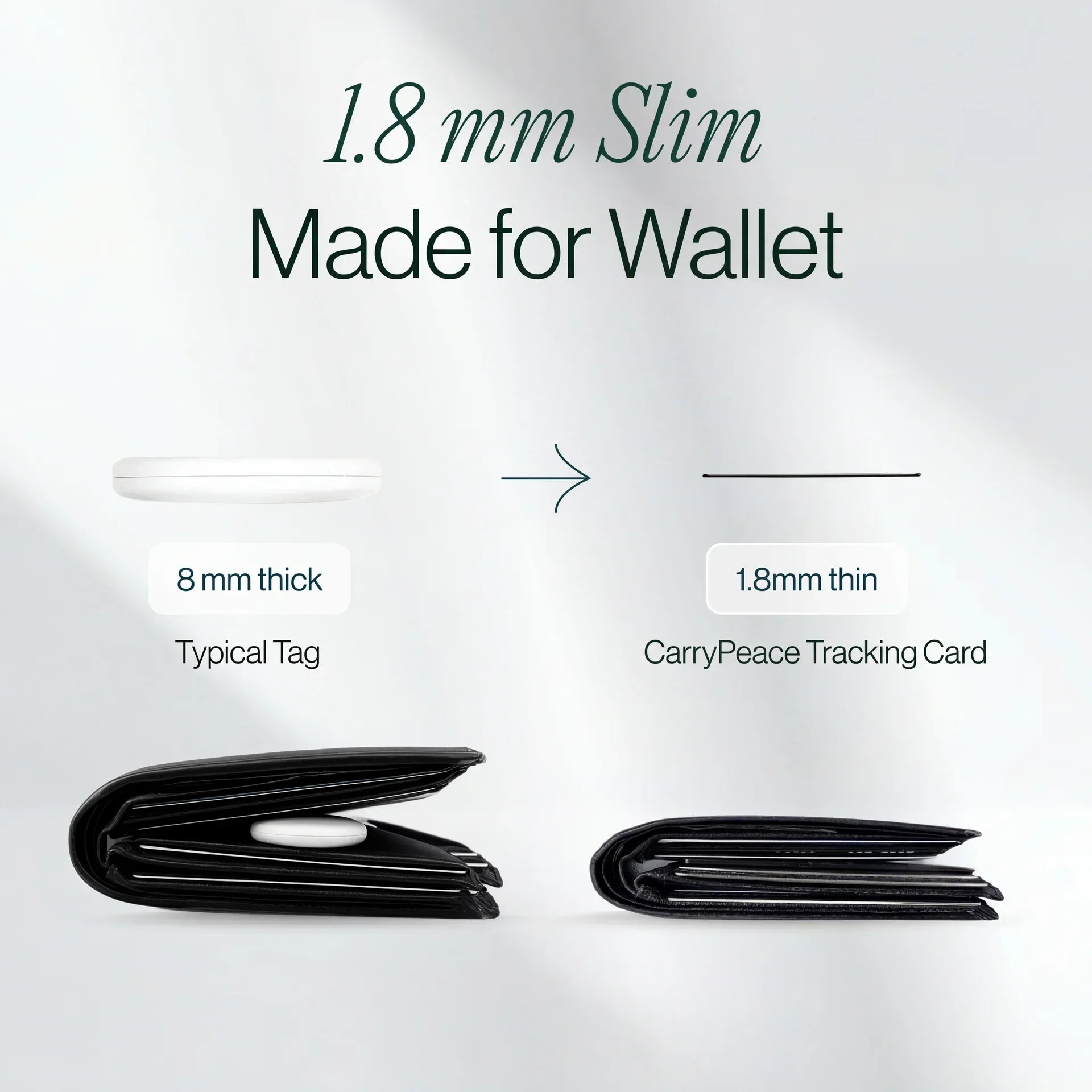 CarryPeace 1.8mm slim wallet tracker card compared with a bulky 8mm tag, showing how the thin card fits better inside a wallet.