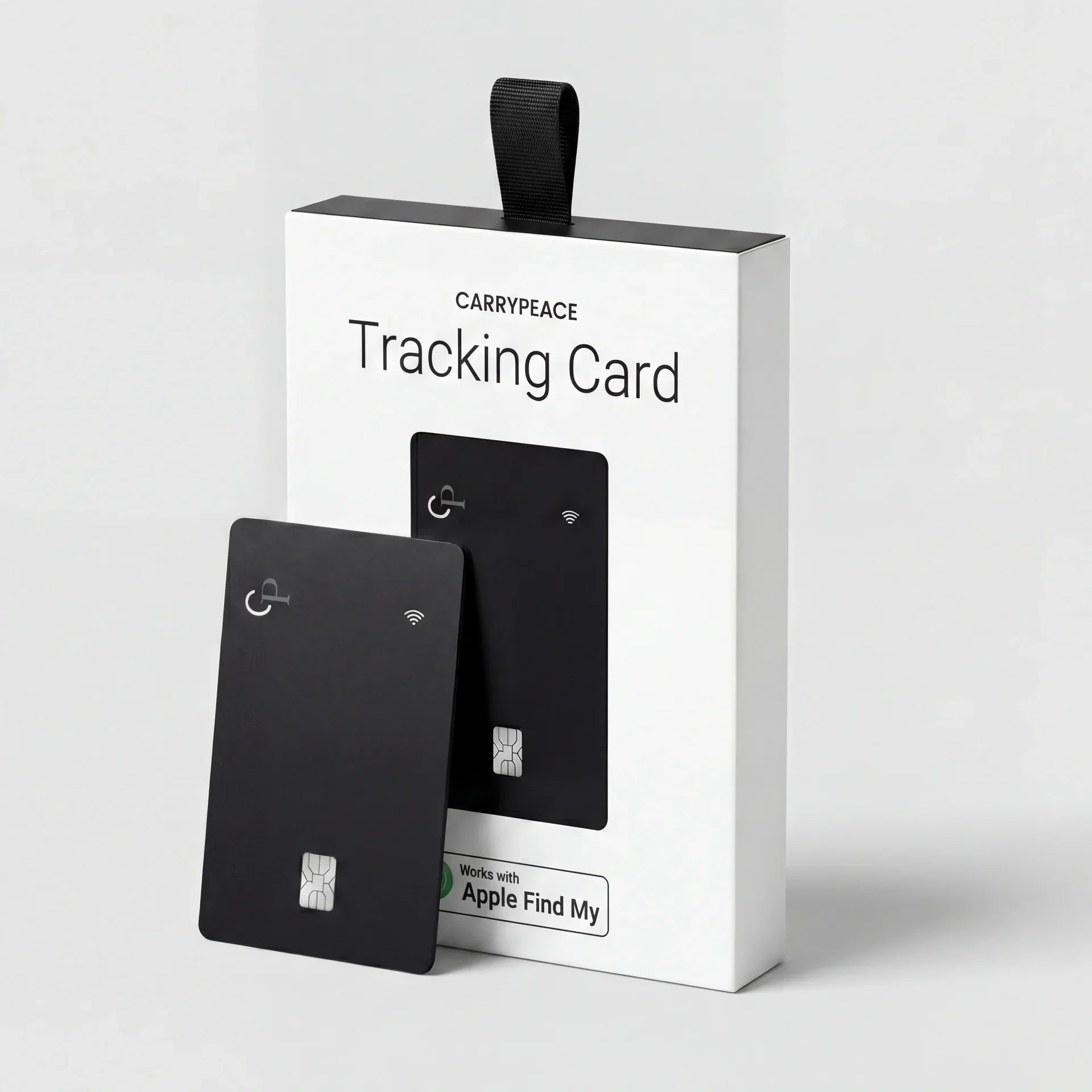 CarryPeace slim wallet tracking card with retail packaging and Apple Find My compatibility for discreet wallet protection.